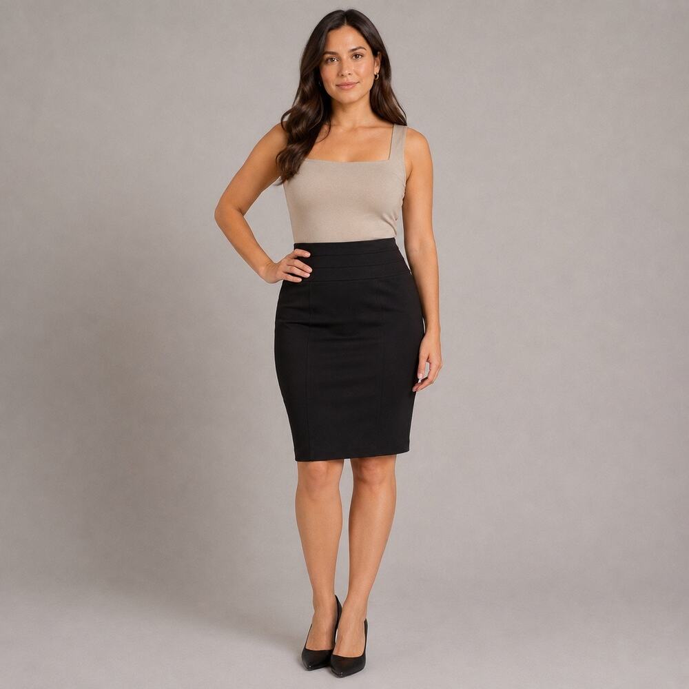 CAbi Womens Black Stretch Midi Pencil Skirt Zipper Slit Size 8 Pull On Career